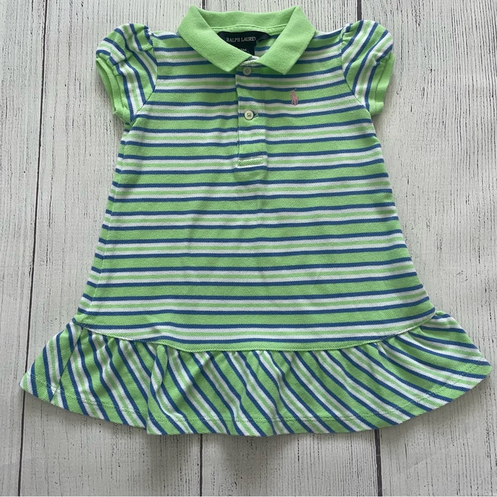 Ralph Lauren Green and Blue Striped Ruffle Hem Polo Dress Size 18 months
